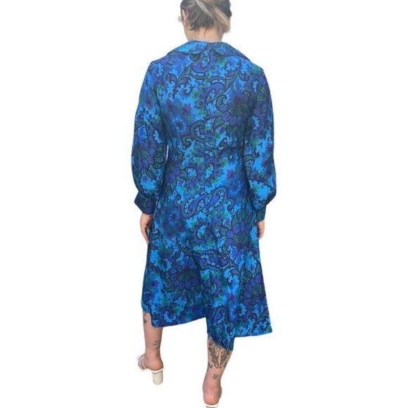 Vintage 1970s Womens Handmade Blue Floral Psychedelic Floral Disco Collar Dress - Picture 6 of 9
